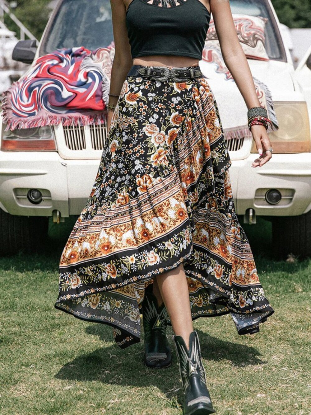 Boho High-Low Floral Skirt - Black Multi